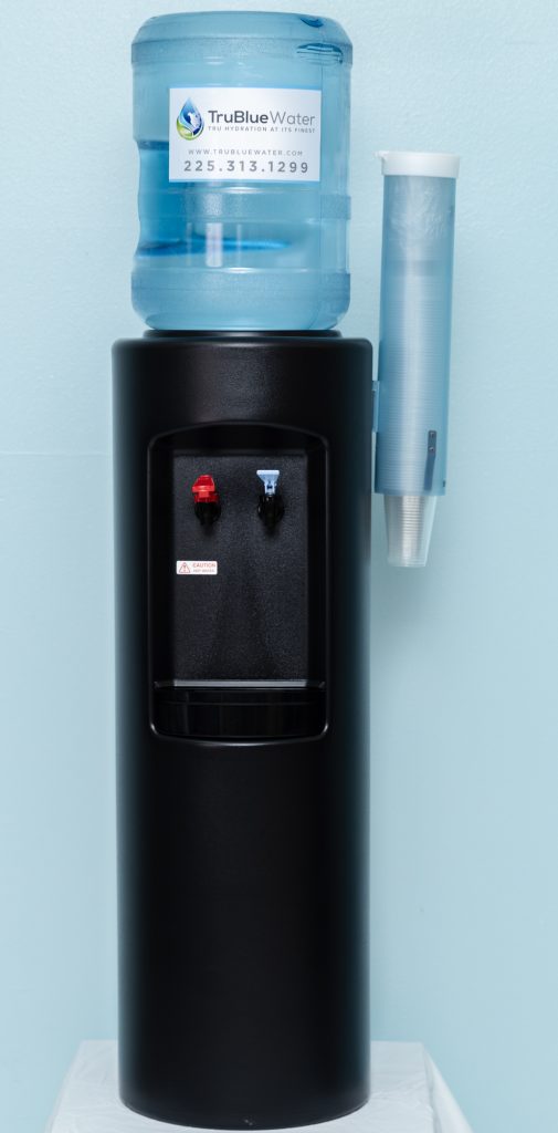 Black hot and cold water cooler with a TruBlue Water bottle and cup dispenser